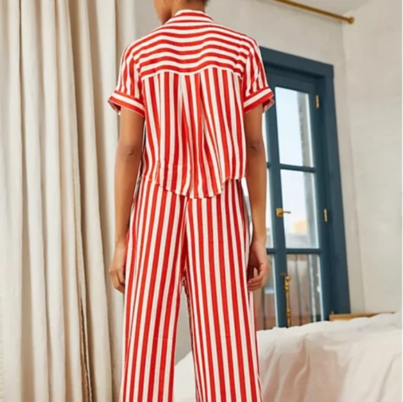 Free People Shiny Nights Pajama Set Wide Legs Red White Pinstripes Siz Small NWT - Picture 3 of 16